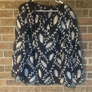 Talbots Navy and White Leaf Pattern Blouse